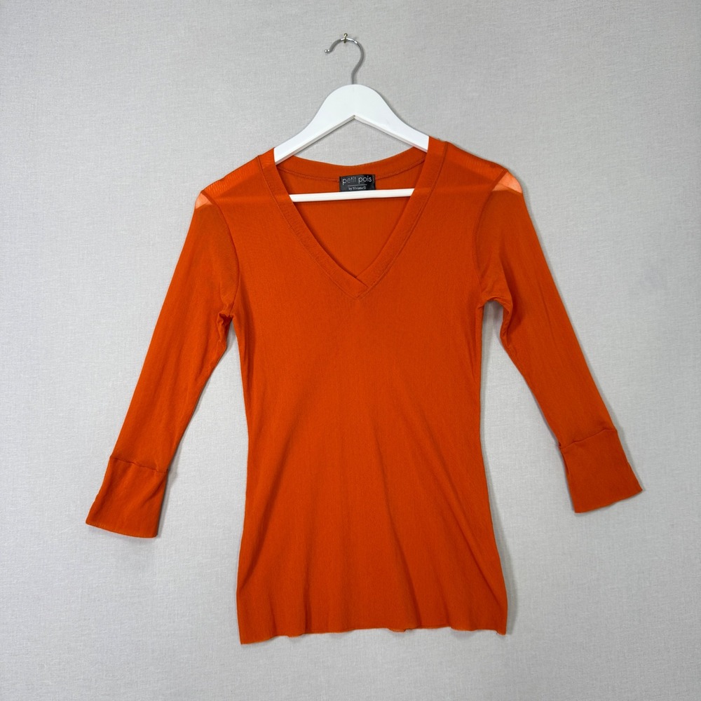 Vintage Petit Pois By Viviana G Mesh Top Womens L Orange Sheer V-Neck Y2K 90s
